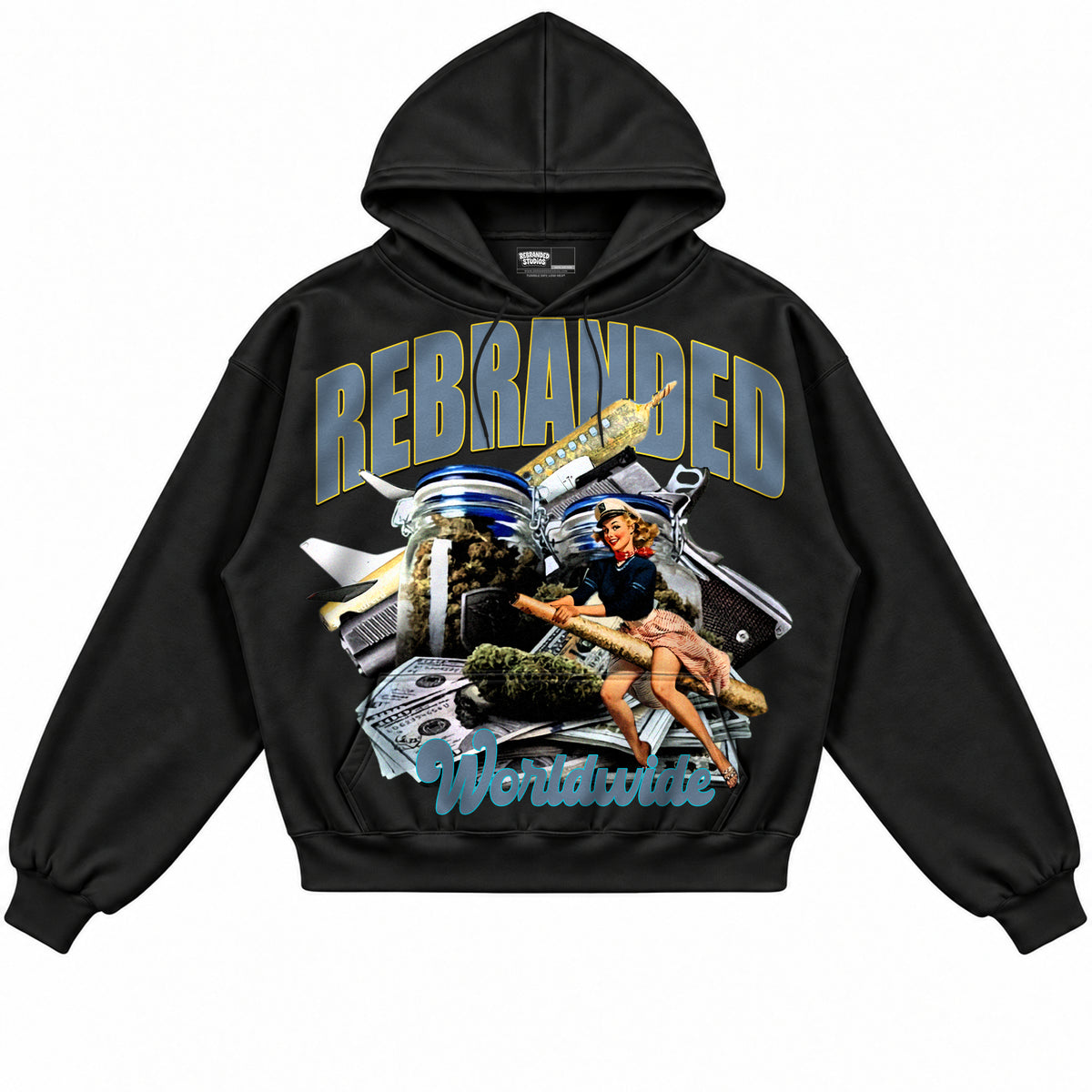 Rebranded Studios apparel — front without sneakers