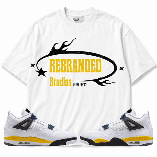 Rebranded Studios apparel — front styled with matching sneakers