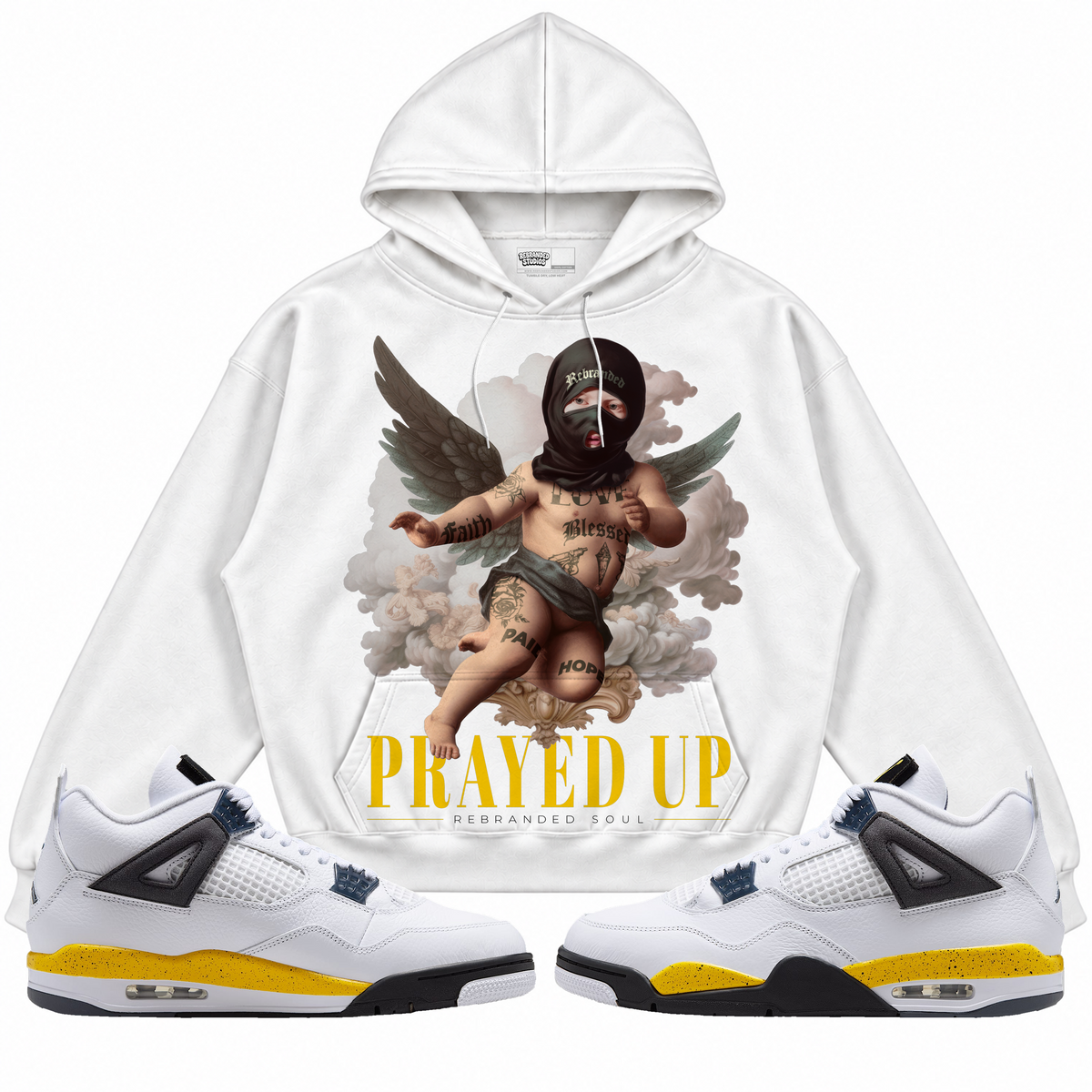 Rebranded Studios apparel — front styled with matching sneakers