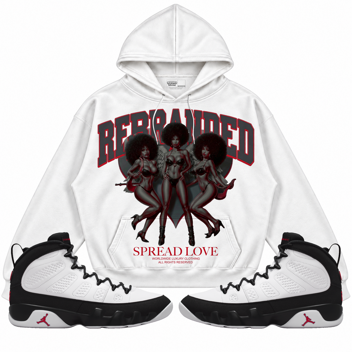Rebranded Studios apparel — front styled with matching sneakers