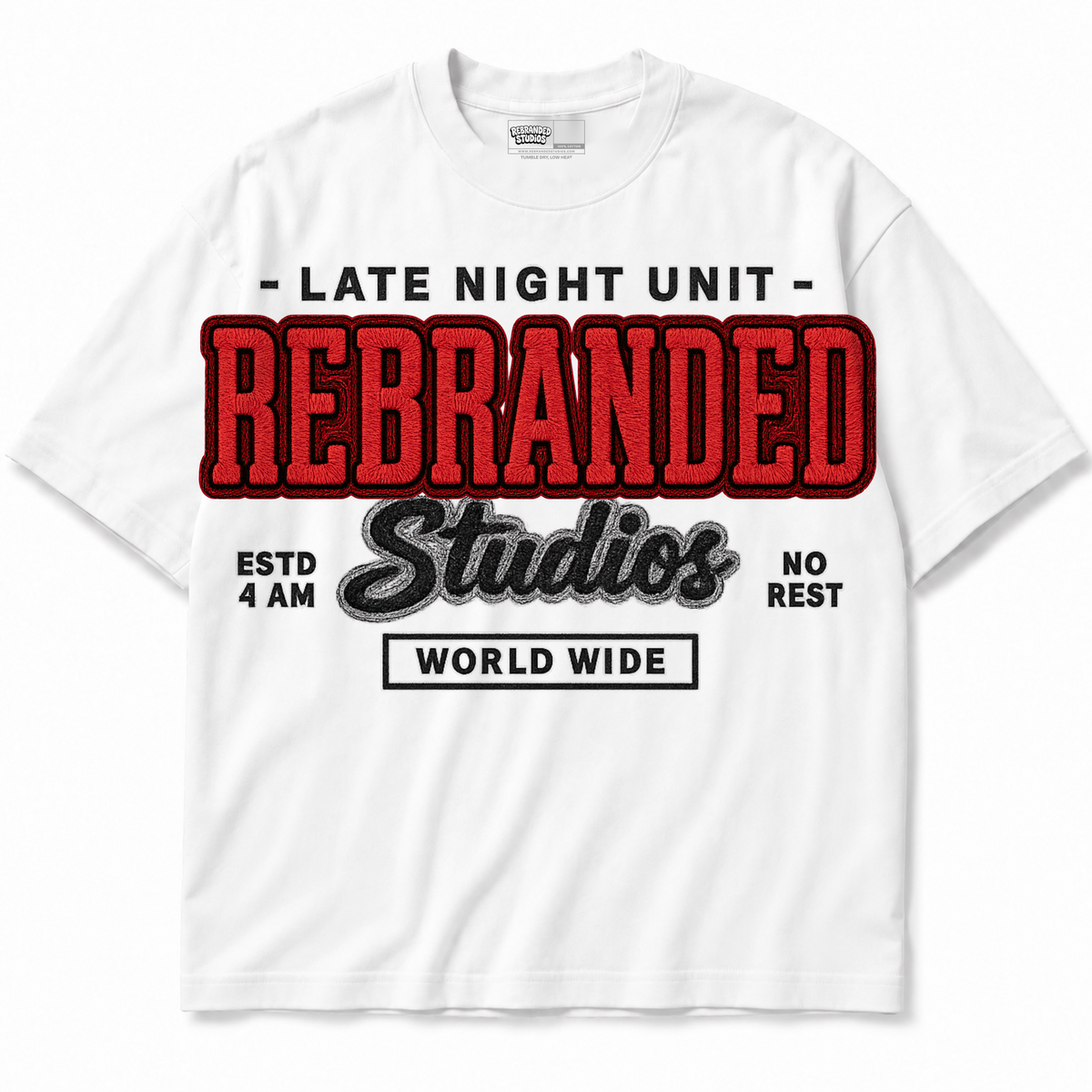 Rebranded Studios apparel — front without sneakers