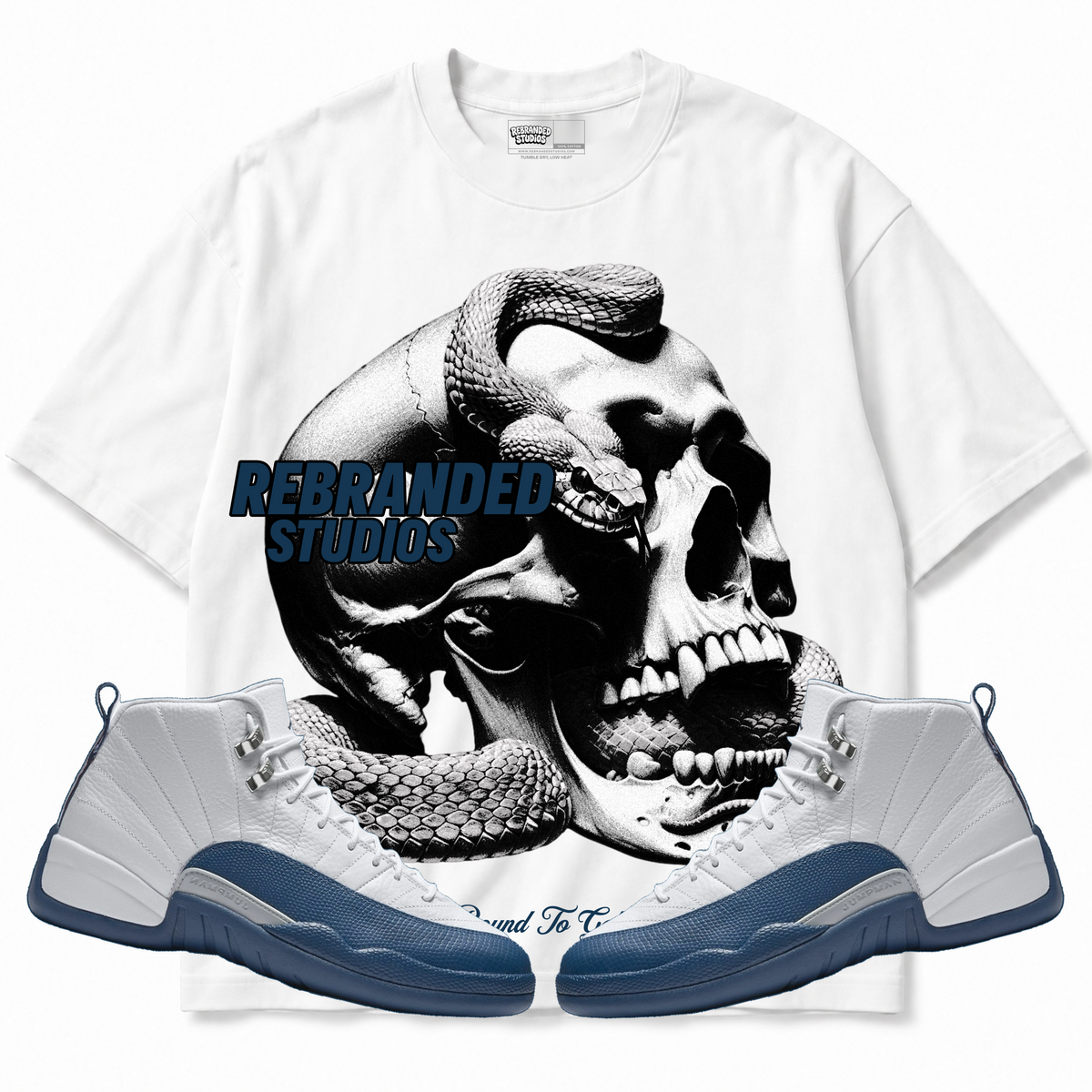 Rebranded Studios apparel — front styled with matching sneakers