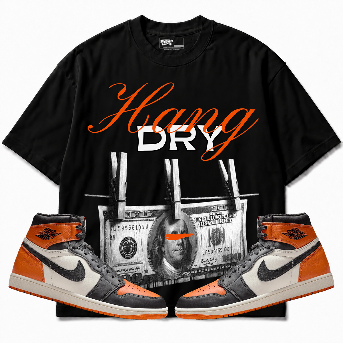 Rebranded Studios apparel — front styled with matching sneakers