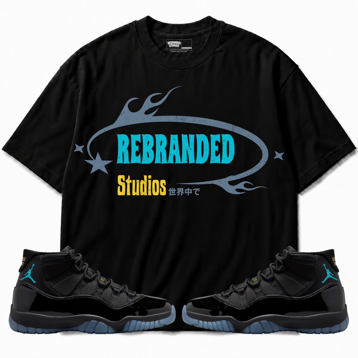 Rebranded Studios apparel — front styled with matching sneakers