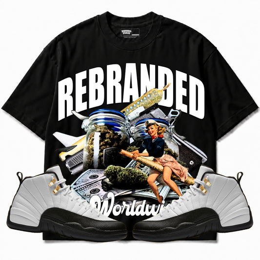 Rebranded Studios apparel — front styled with matching sneakers