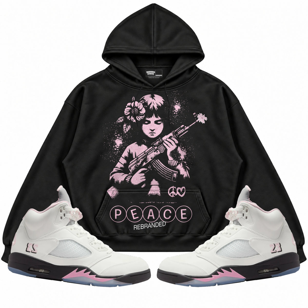 Rebranded Studios apparel — front styled with matching sneakers