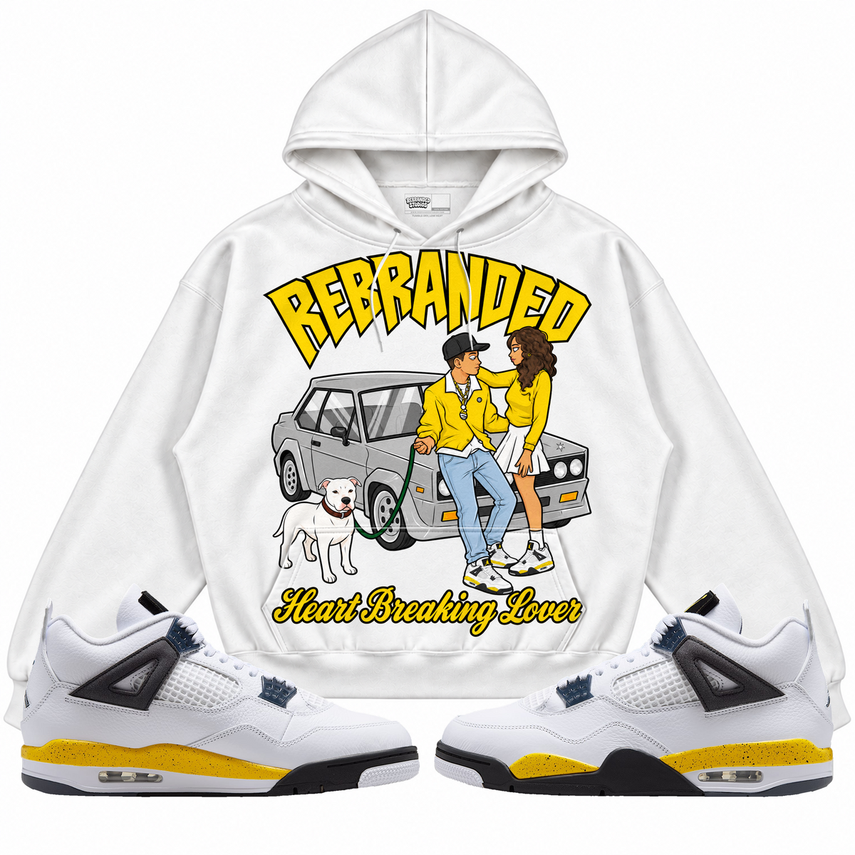 Rebranded Studios apparel — front styled with matching sneakers