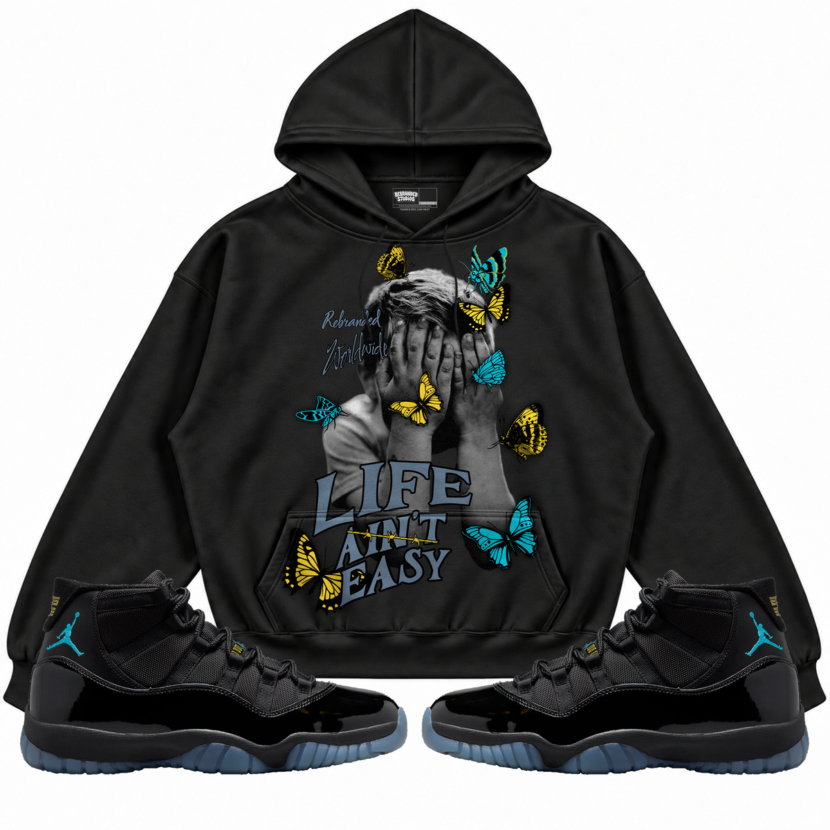 Rebranded Studios apparel — front styled with matching sneakers