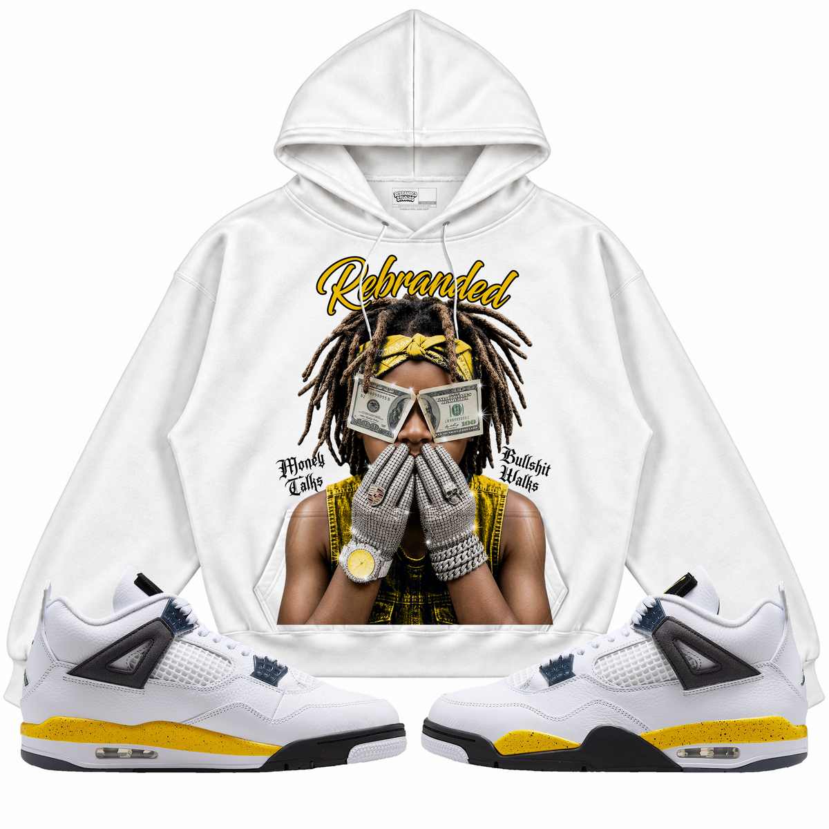 Rebranded Studios apparel — front styled with matching sneakers