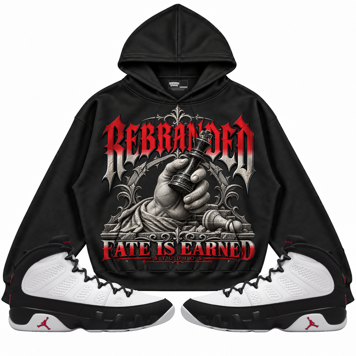 Rebranded Studios apparel — front styled with matching sneakers