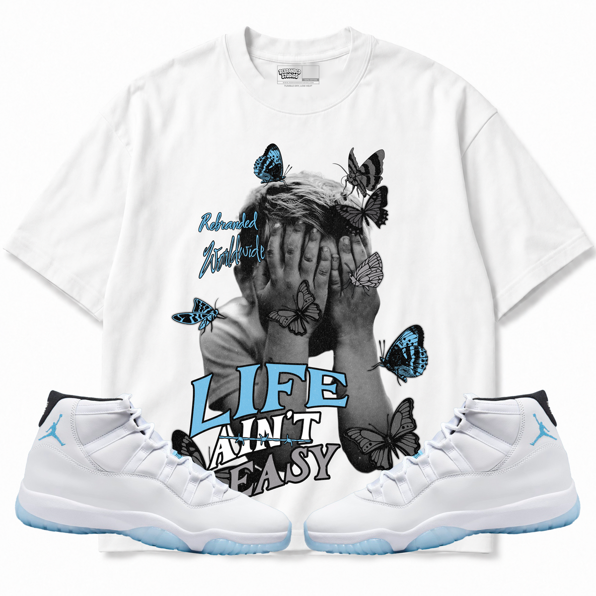 Rebranded Studios apparel — front styled with matching sneakers