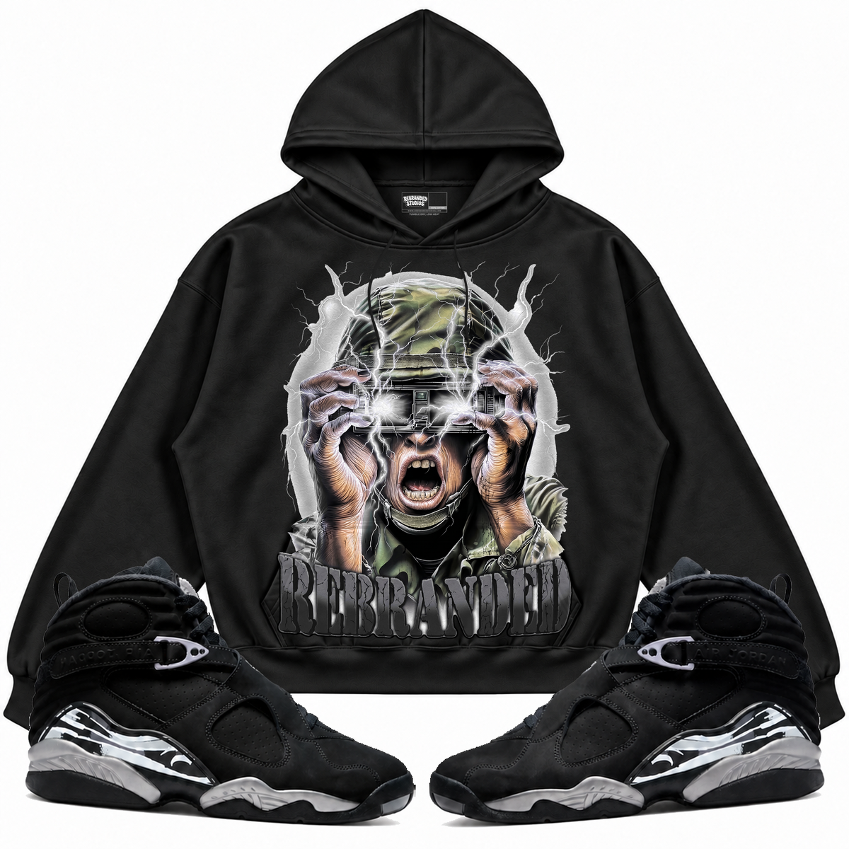 Rebranded Studios apparel — front styled with matching sneakers