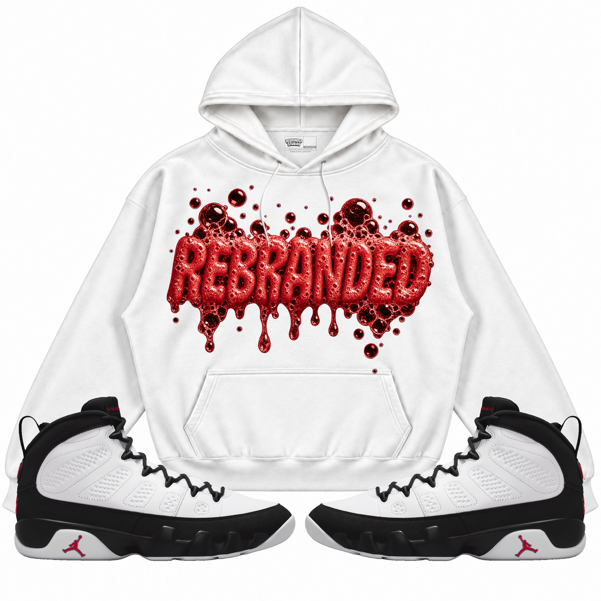 Rebranded Studios apparel — front styled with matching sneakers