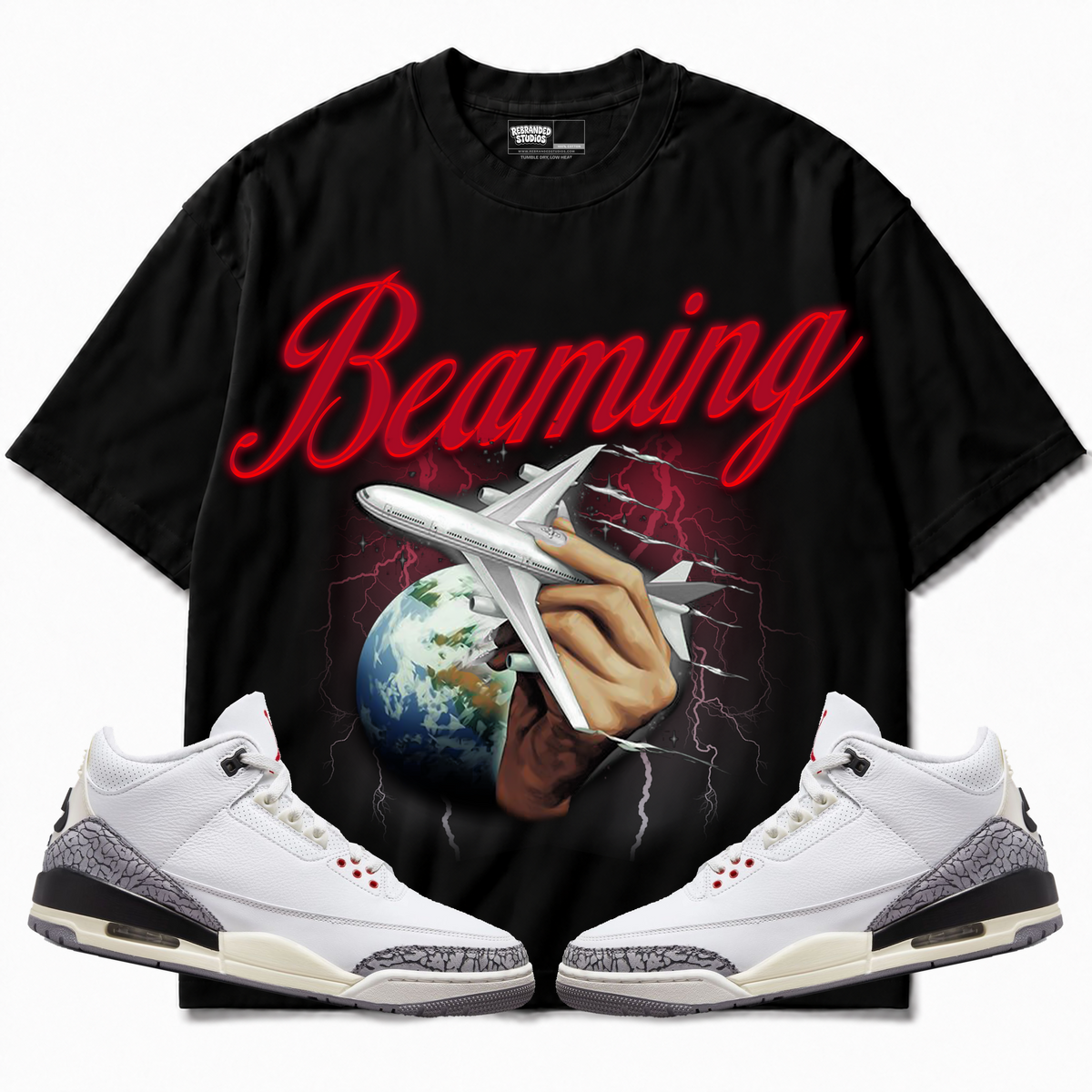 Rebranded Studios apparel — front styled with matching sneakers