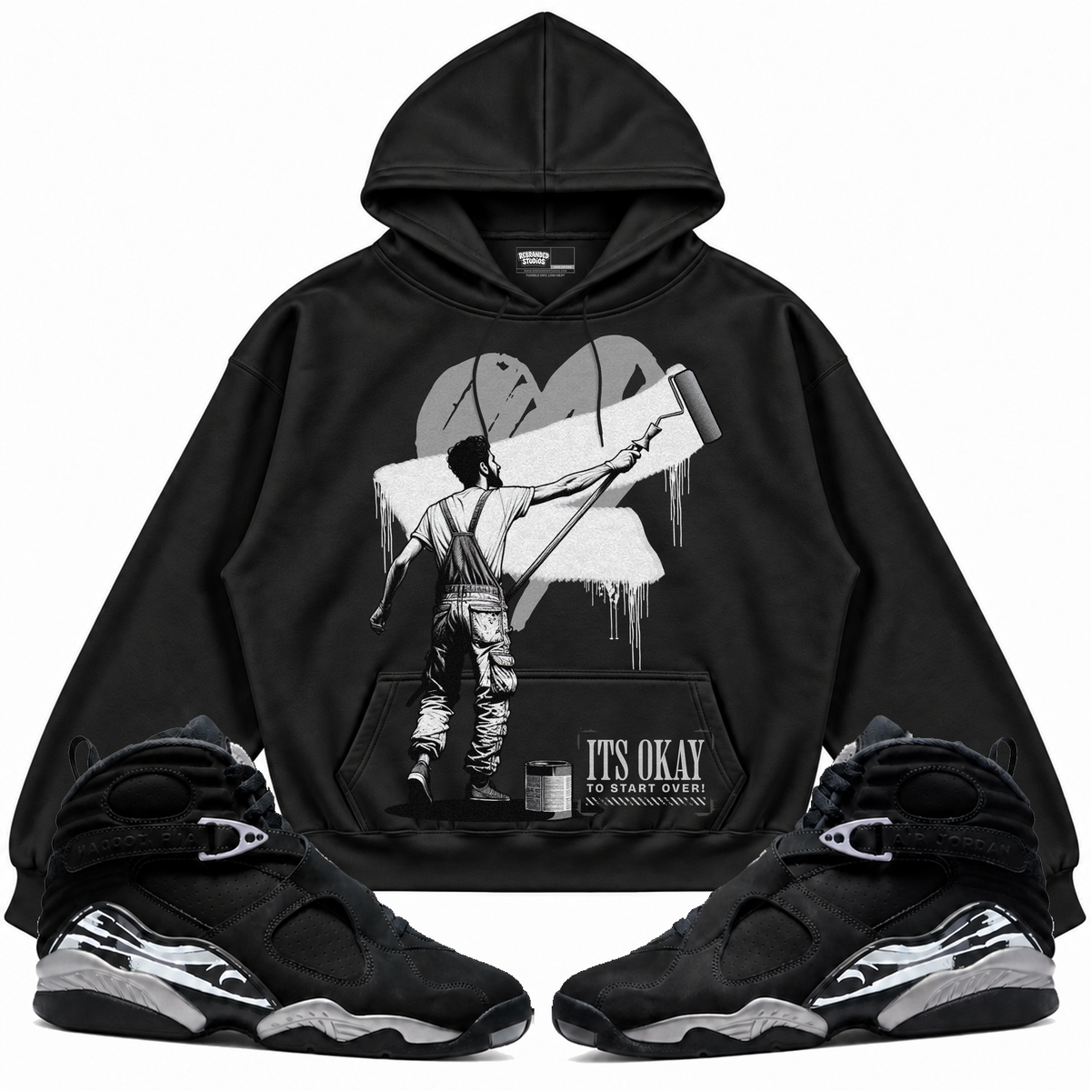 Rebranded Studios apparel — front styled with matching sneakers