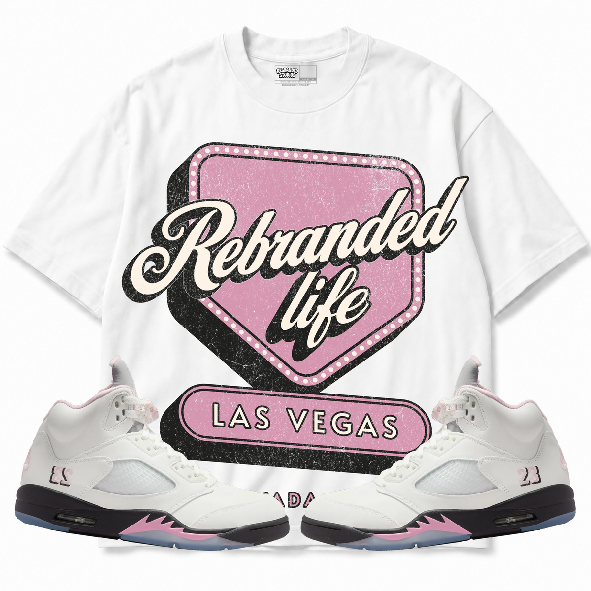Rebranded Studios apparel — front styled with matching sneakers