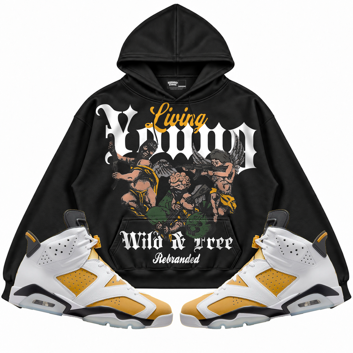 Rebranded Studios apparel — front styled with matching sneakers