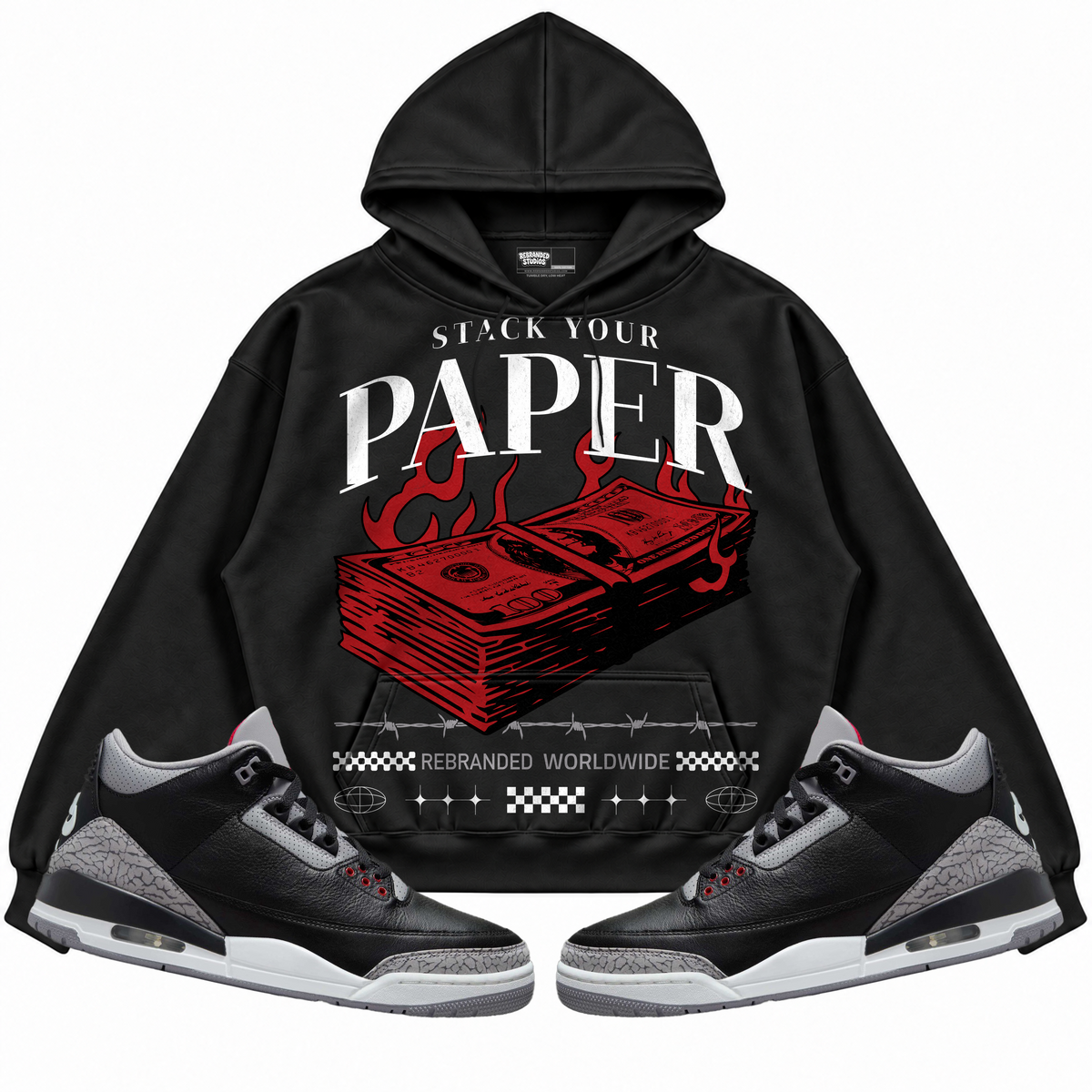 Rebranded Studios apparel — front styled with matching sneakers