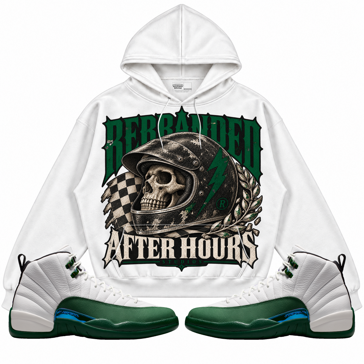 Rebranded Studios apparel — front styled with matching sneakers