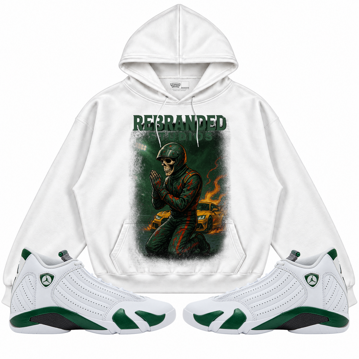Rebranded Studios apparel — front styled with matching sneakers