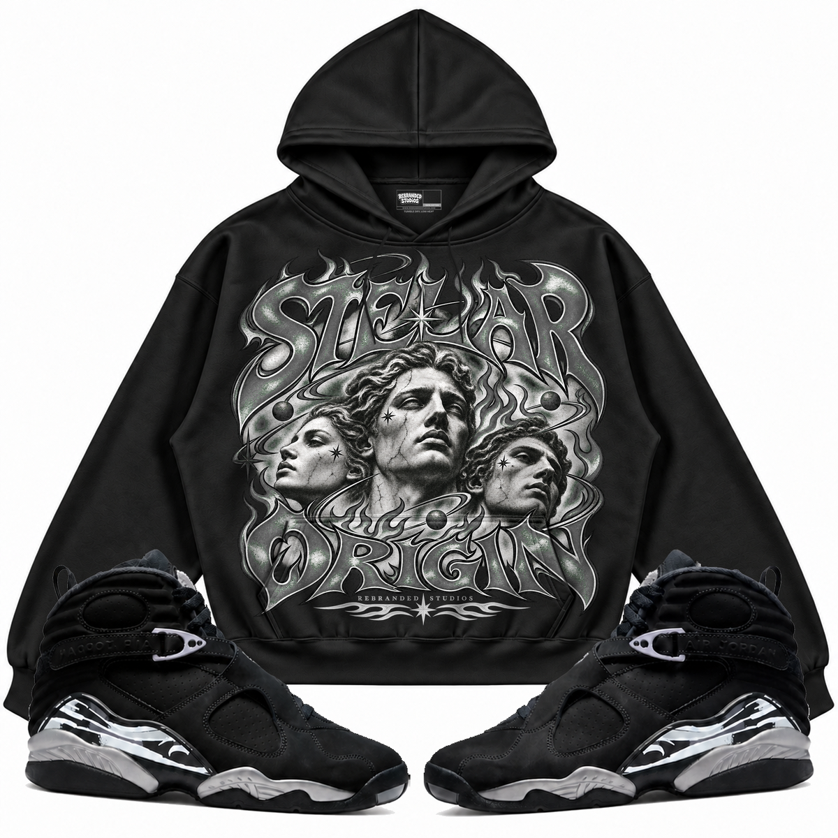 Rebranded Studios apparel — front styled with matching sneakers