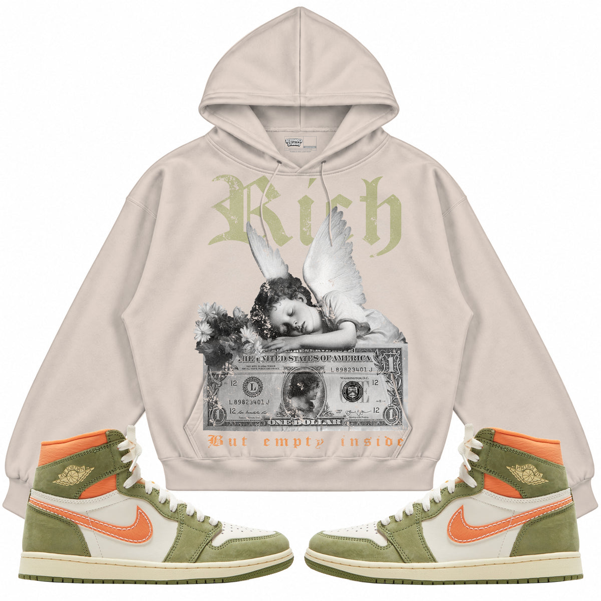 Rebranded Studios apparel — front styled with matching sneakers