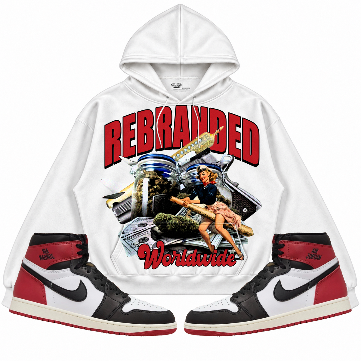 Rebranded Studios apparel — front styled with matching sneakers