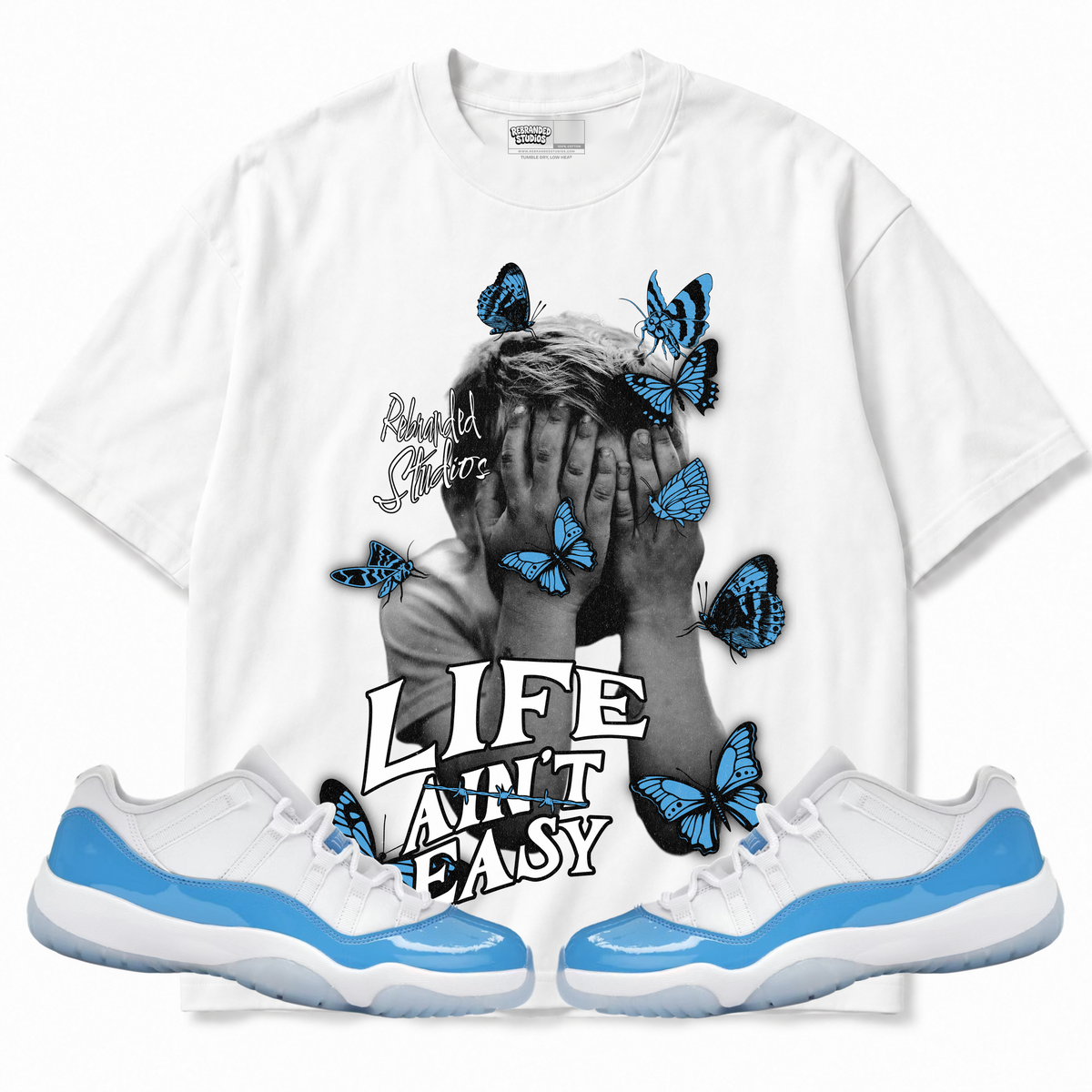 Rebranded Studios apparel — front styled with matching sneakers