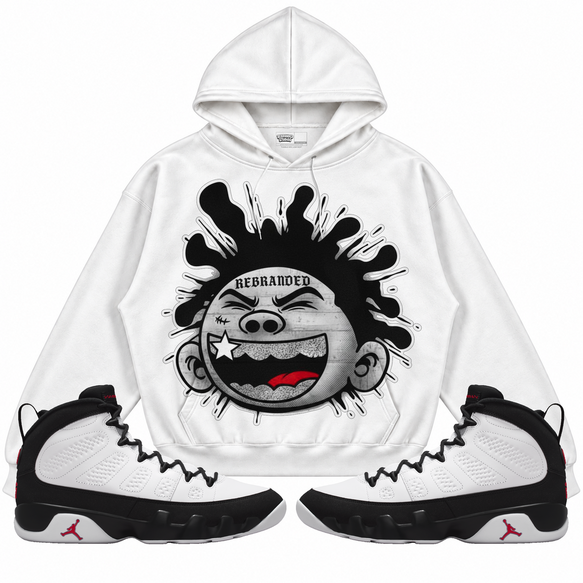 Rebranded Studios apparel — front styled with matching sneakers