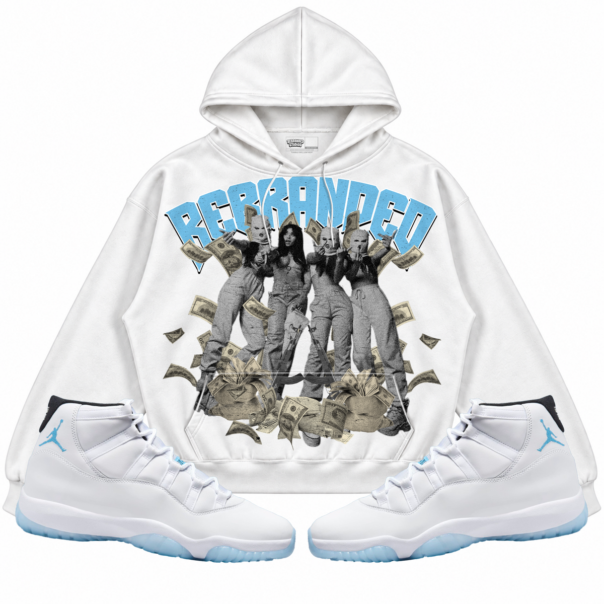 Rebranded Studios apparel — front styled with matching sneakers