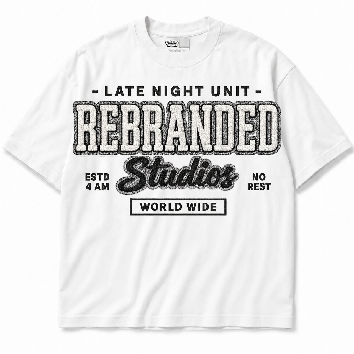 Rebranded Studios apparel — front without sneakers