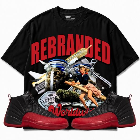 Rebranded Studios apparel — front styled with matching sneakers