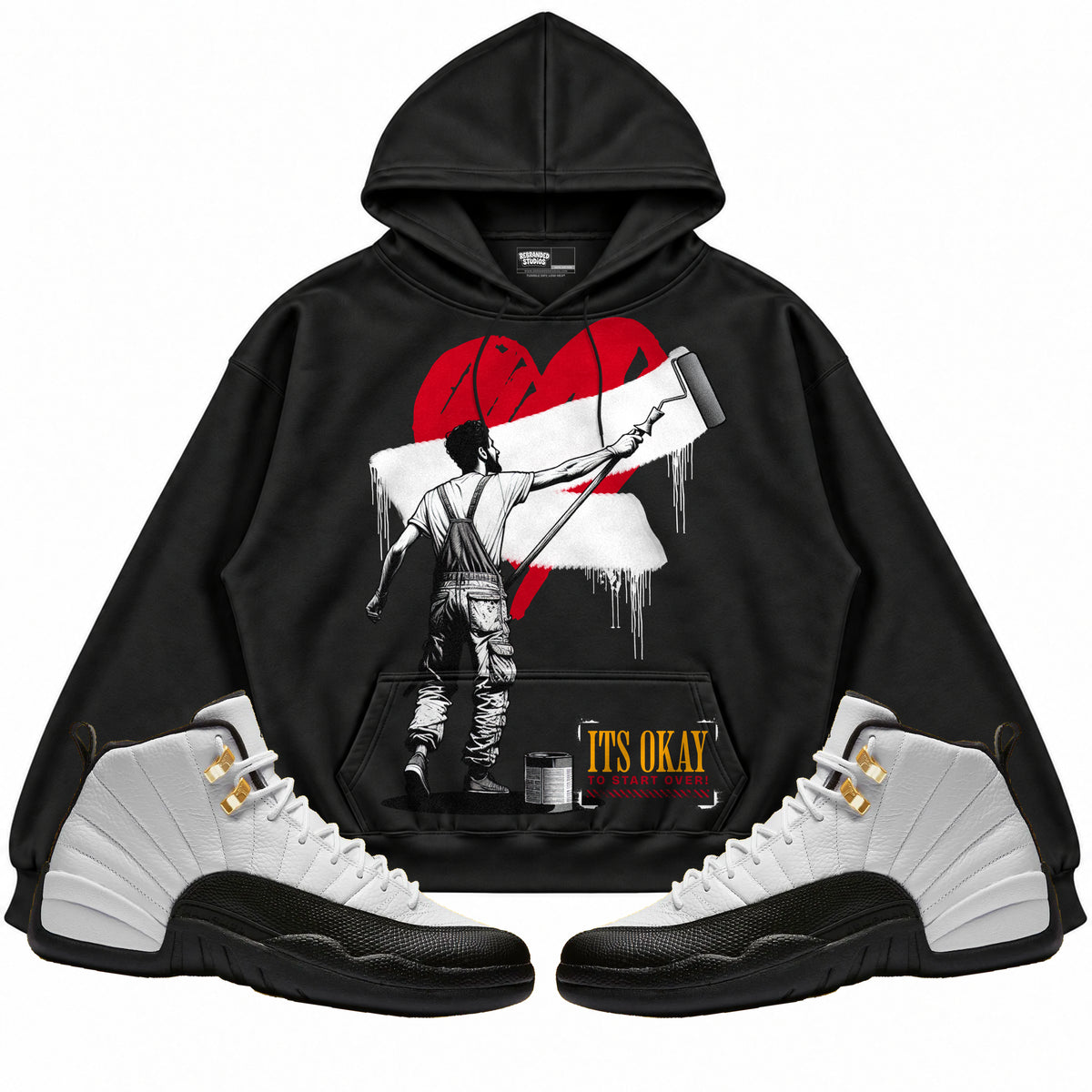 Rebranded Studios apparel — front styled with matching sneakers