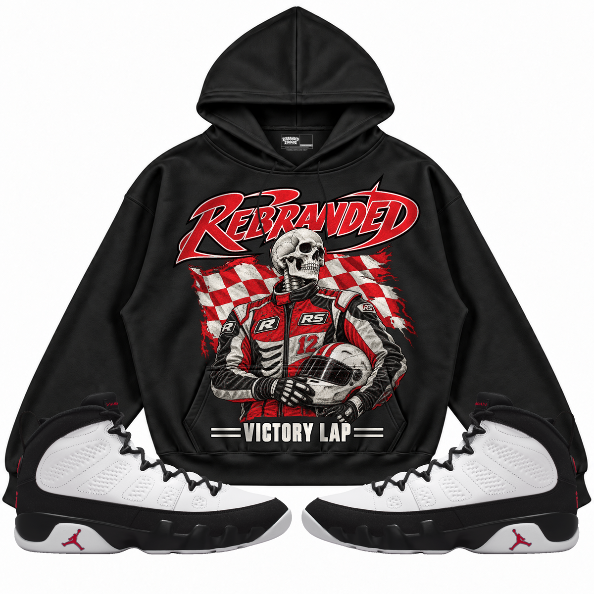 Rebranded Studios apparel — front styled with matching sneakers