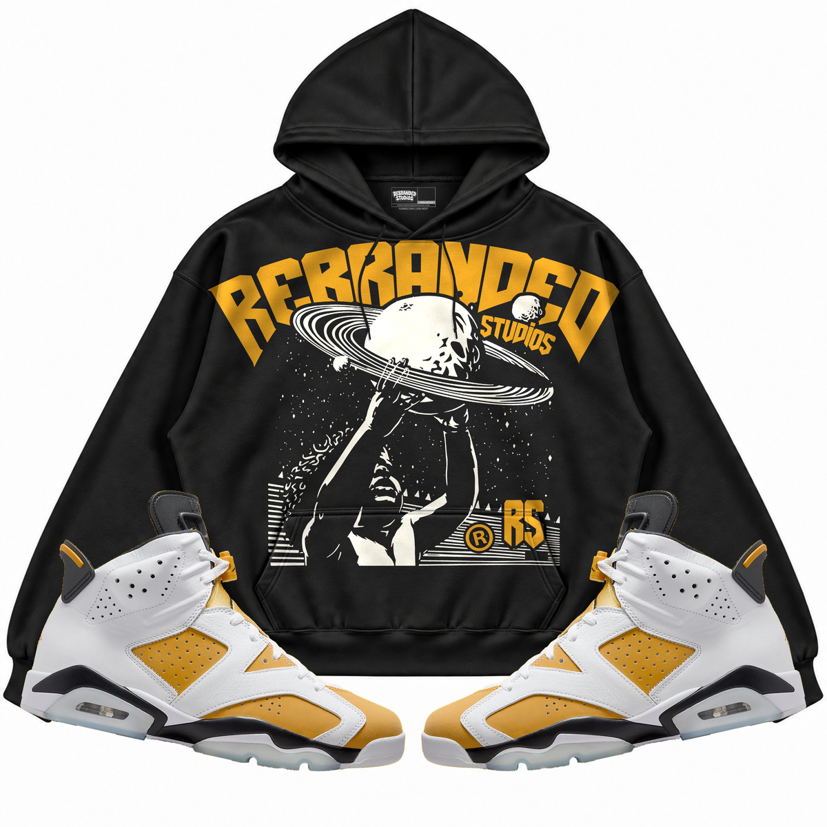 Rebranded Studios apparel — front styled with matching sneakers