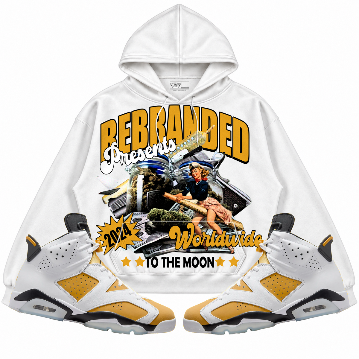 Rebranded Studios apparel — front styled with matching sneakers