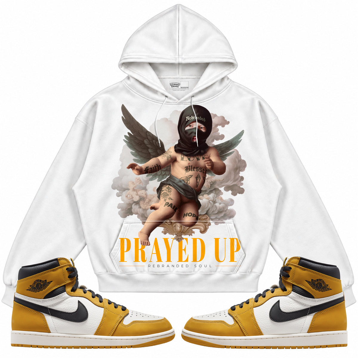 Rebranded Studios apparel — front styled with matching sneakers