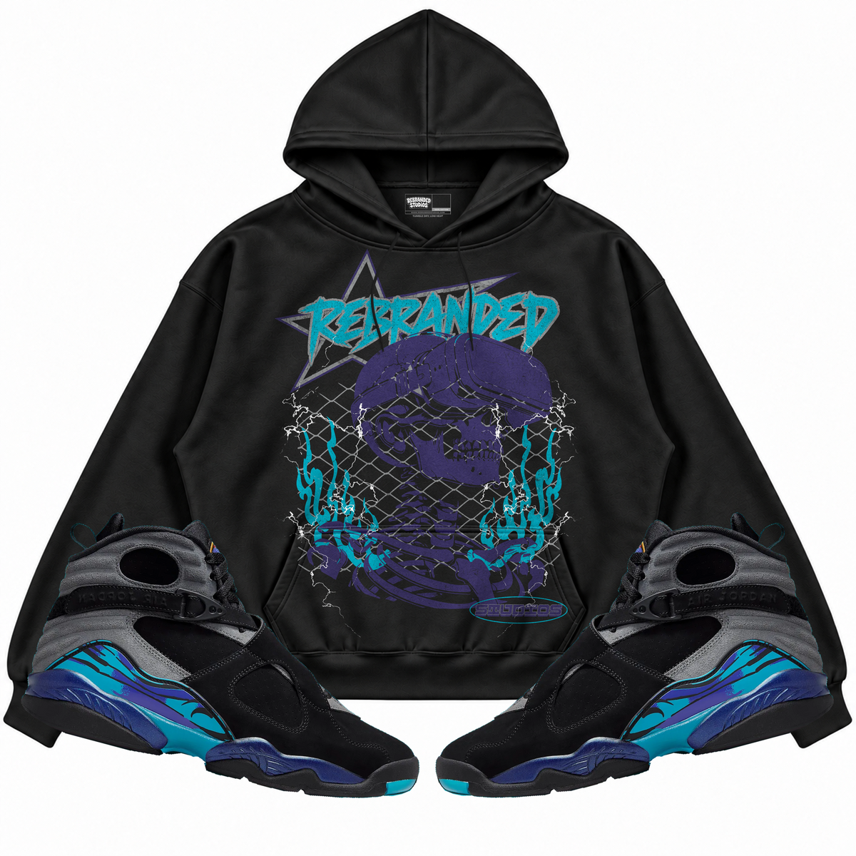 Rebranded Studios apparel — front styled with matching sneakers