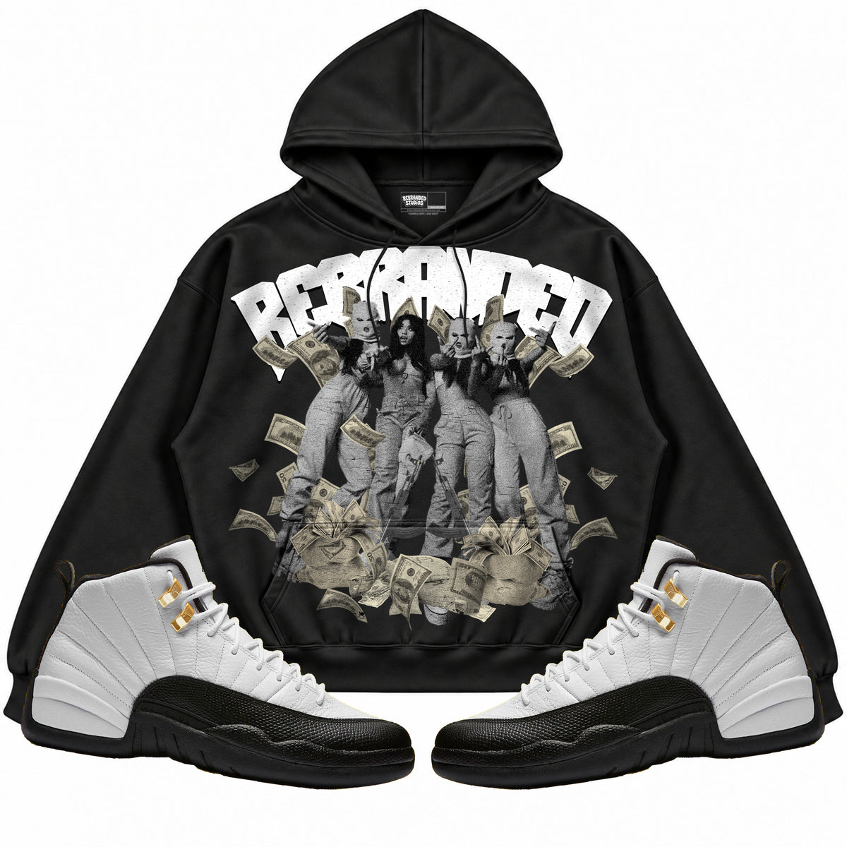 Rebranded Studios apparel — front styled with matching sneakers