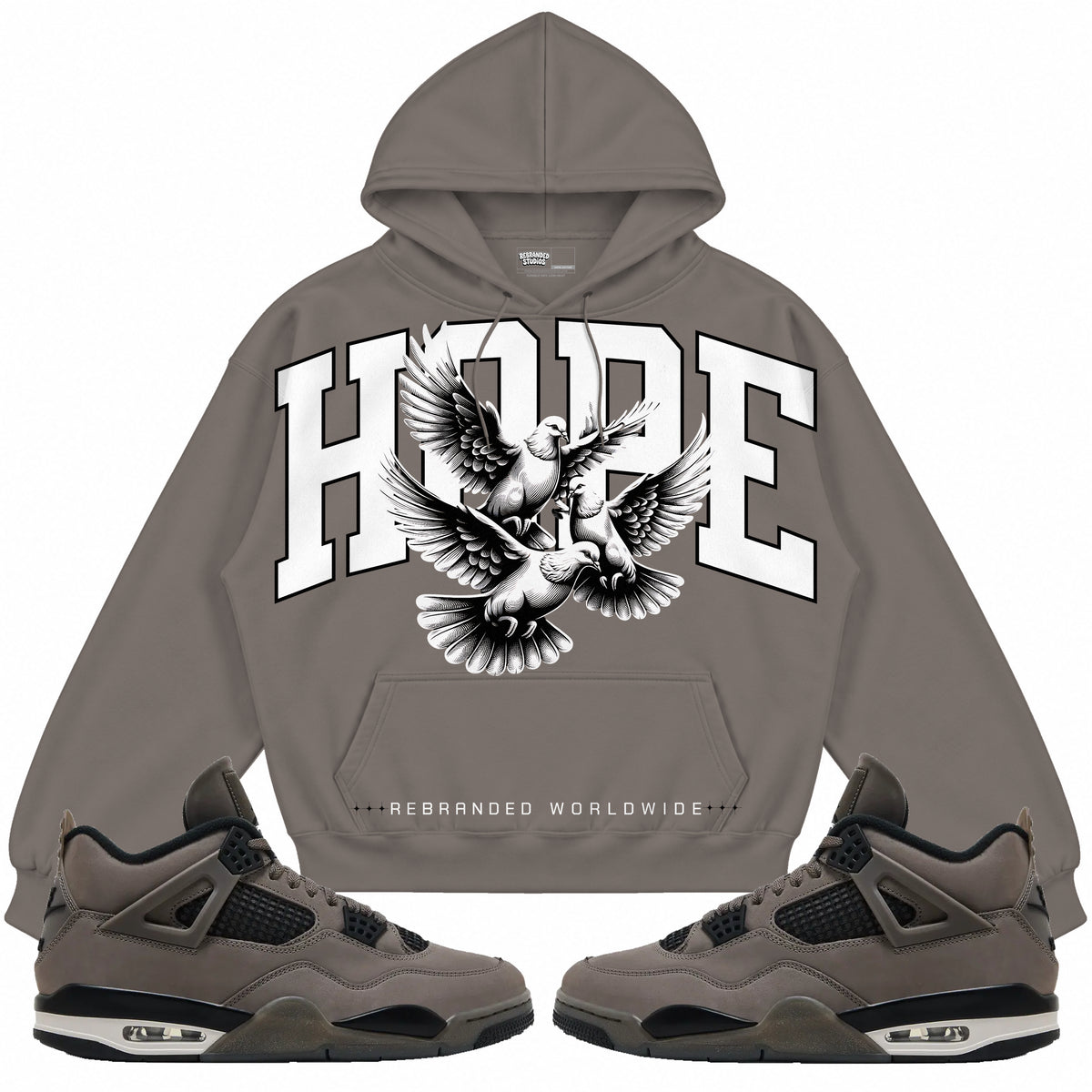 Rebranded Studios apparel — front styled with matching sneakers