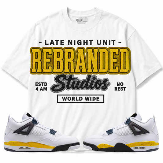 Rebranded Studios apparel — front styled with matching sneakers