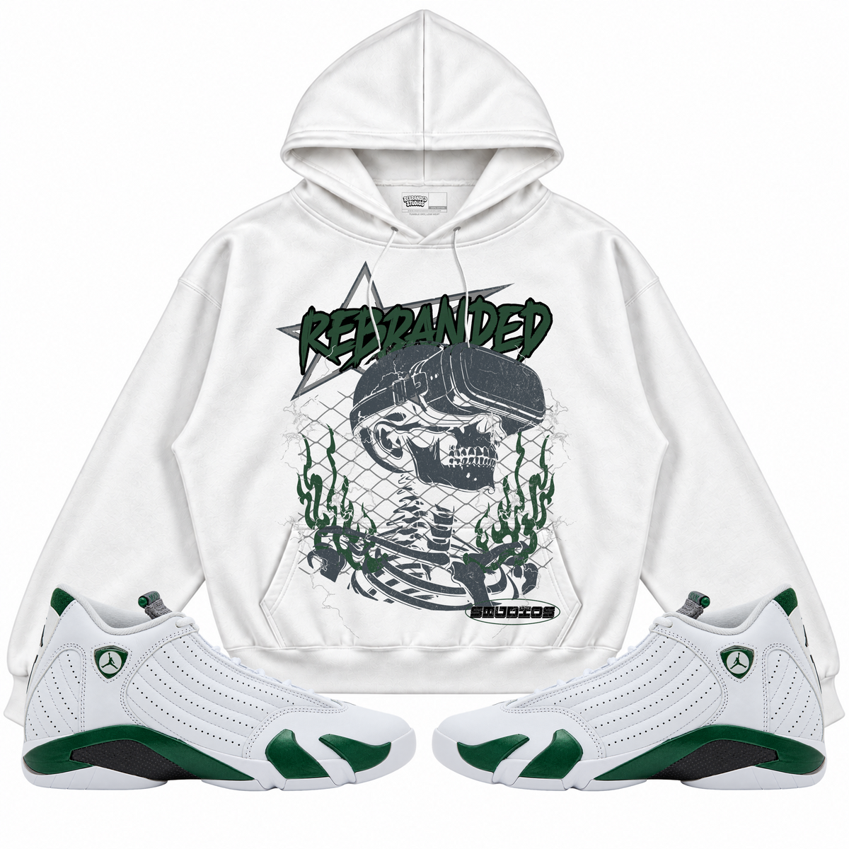 Rebranded Studios apparel — front styled with matching sneakers