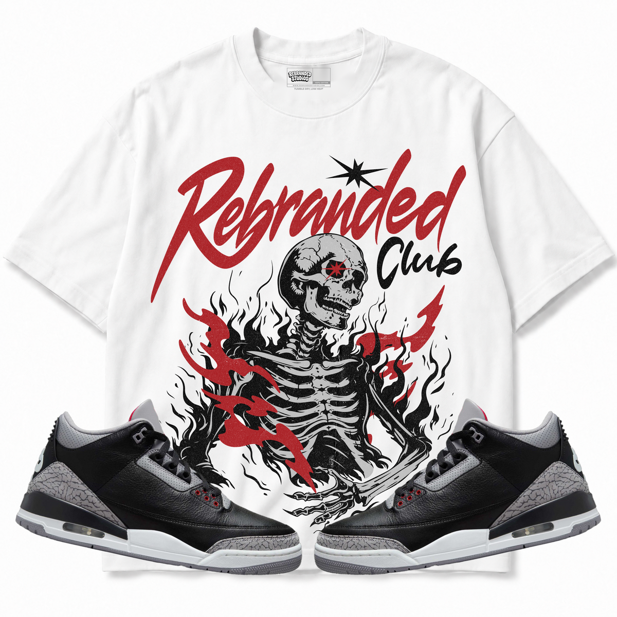 Rebranded Studios apparel — front styled with matching sneakers
