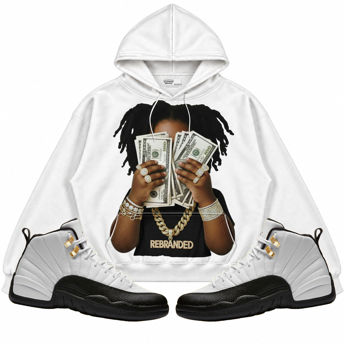 Rebranded Studios apparel — front styled with matching sneakers