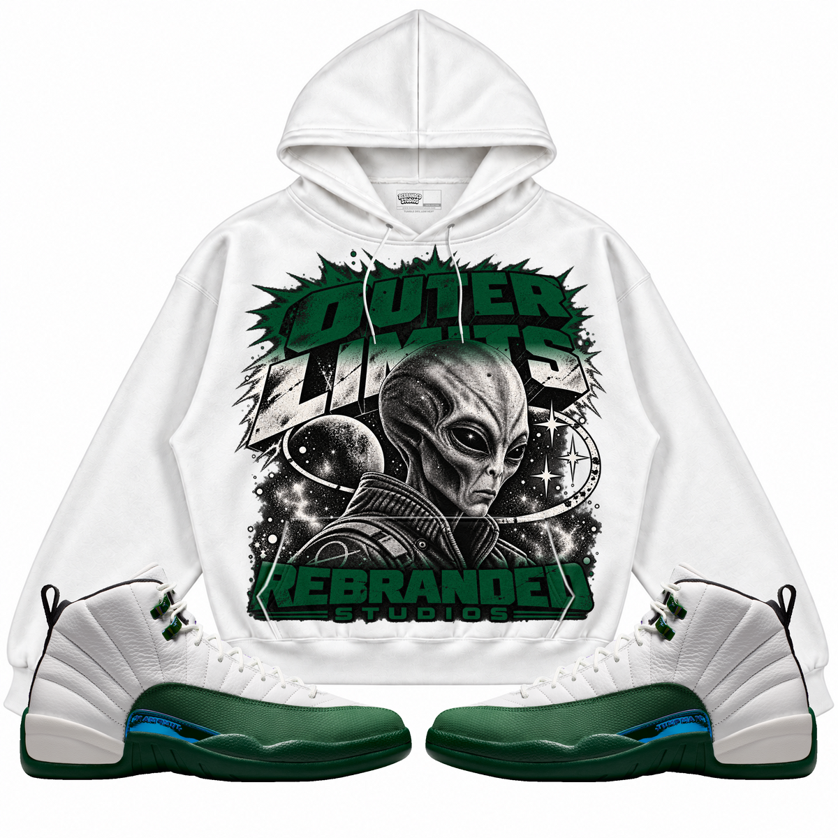 Rebranded Studios apparel — front styled with matching sneakers