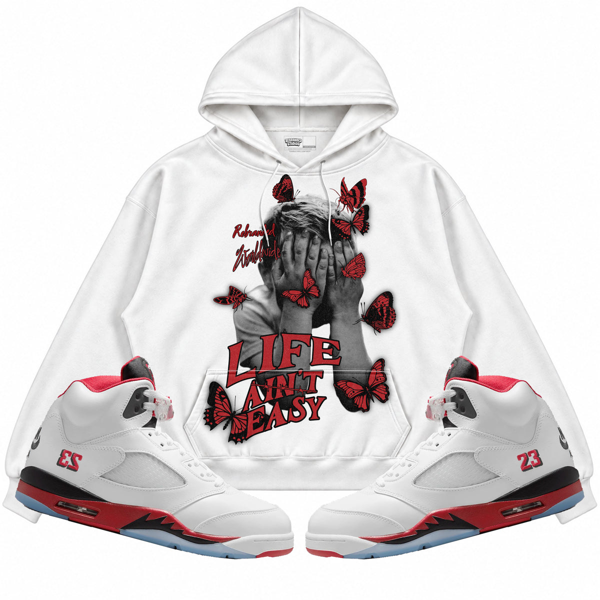 Rebranded Studios apparel — front styled with matching sneakers