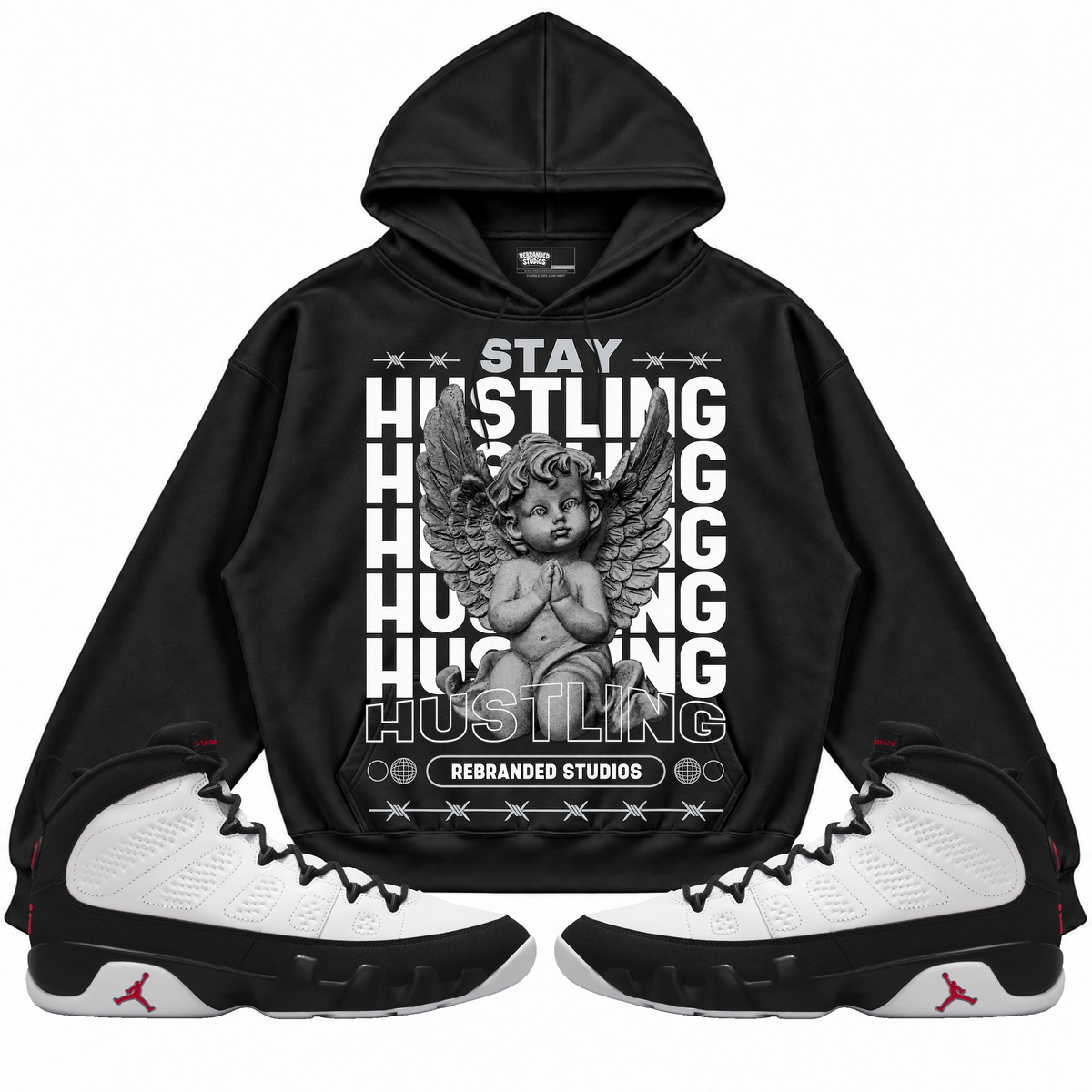 Rebranded Studios apparel — front styled with matching sneakers