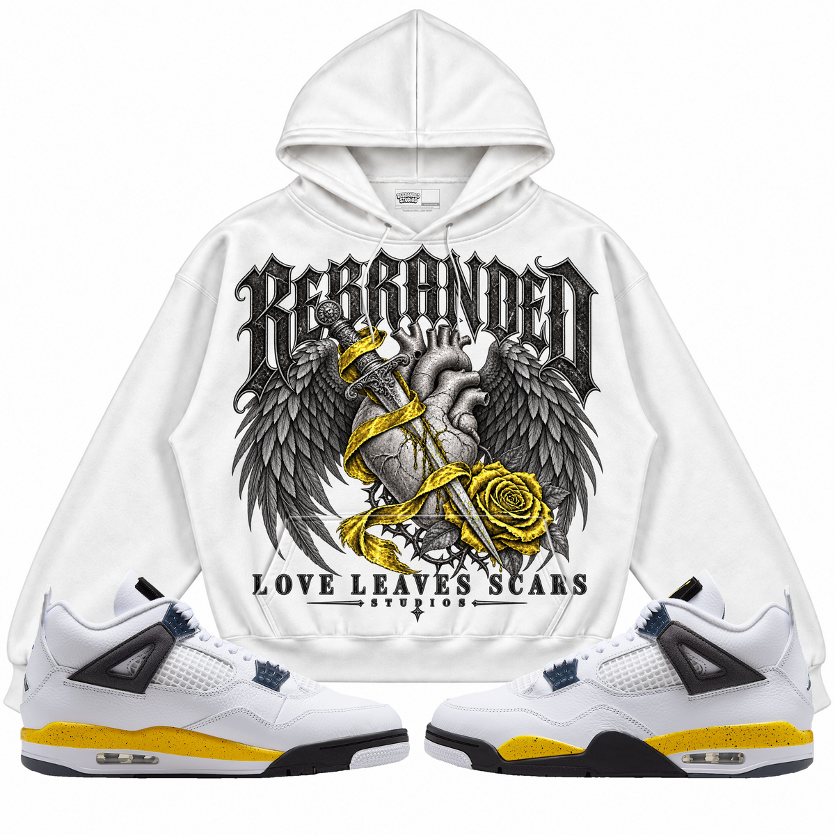 Rebranded Studios apparel — front styled with matching sneakers