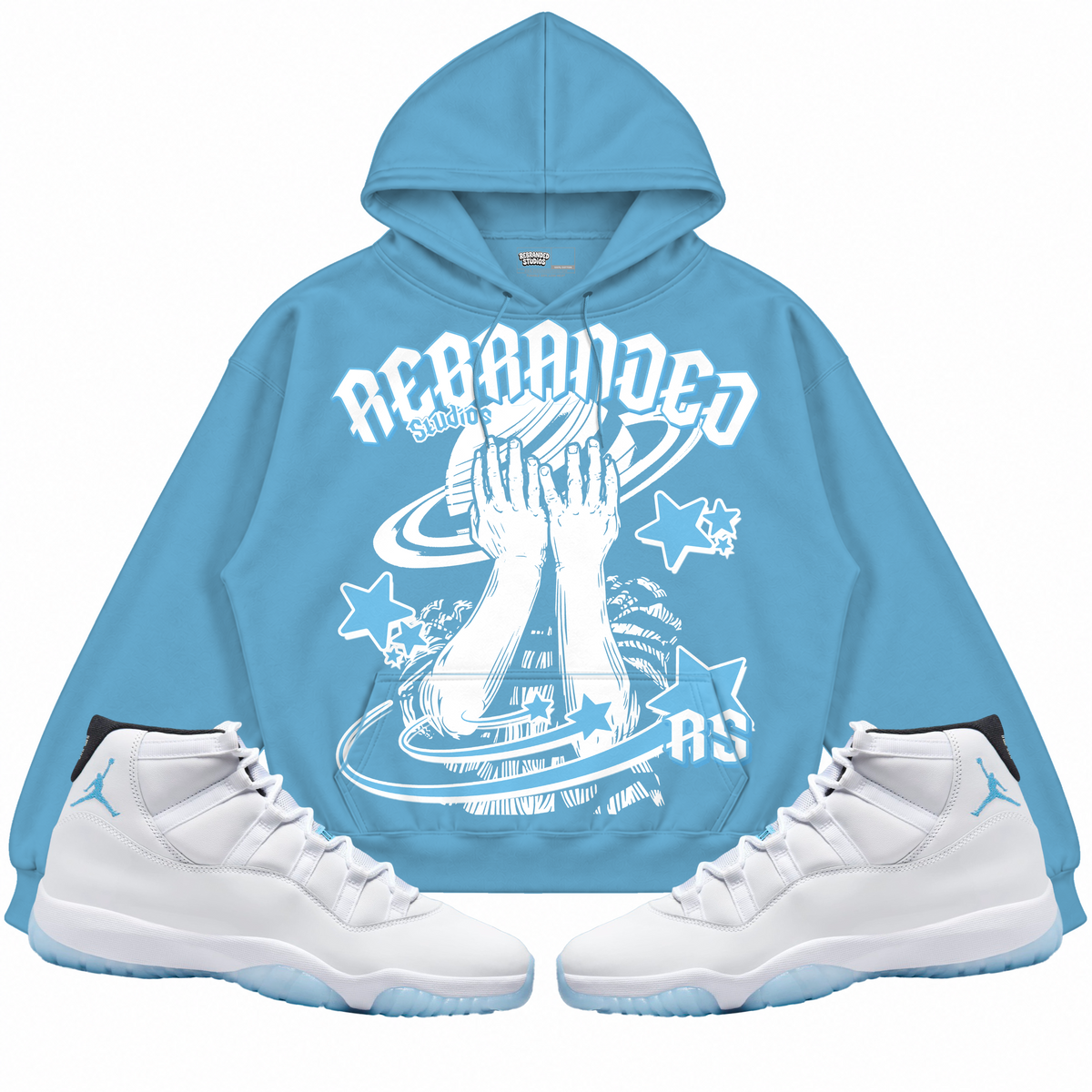 Rebranded Studios apparel — front styled with matching sneakers