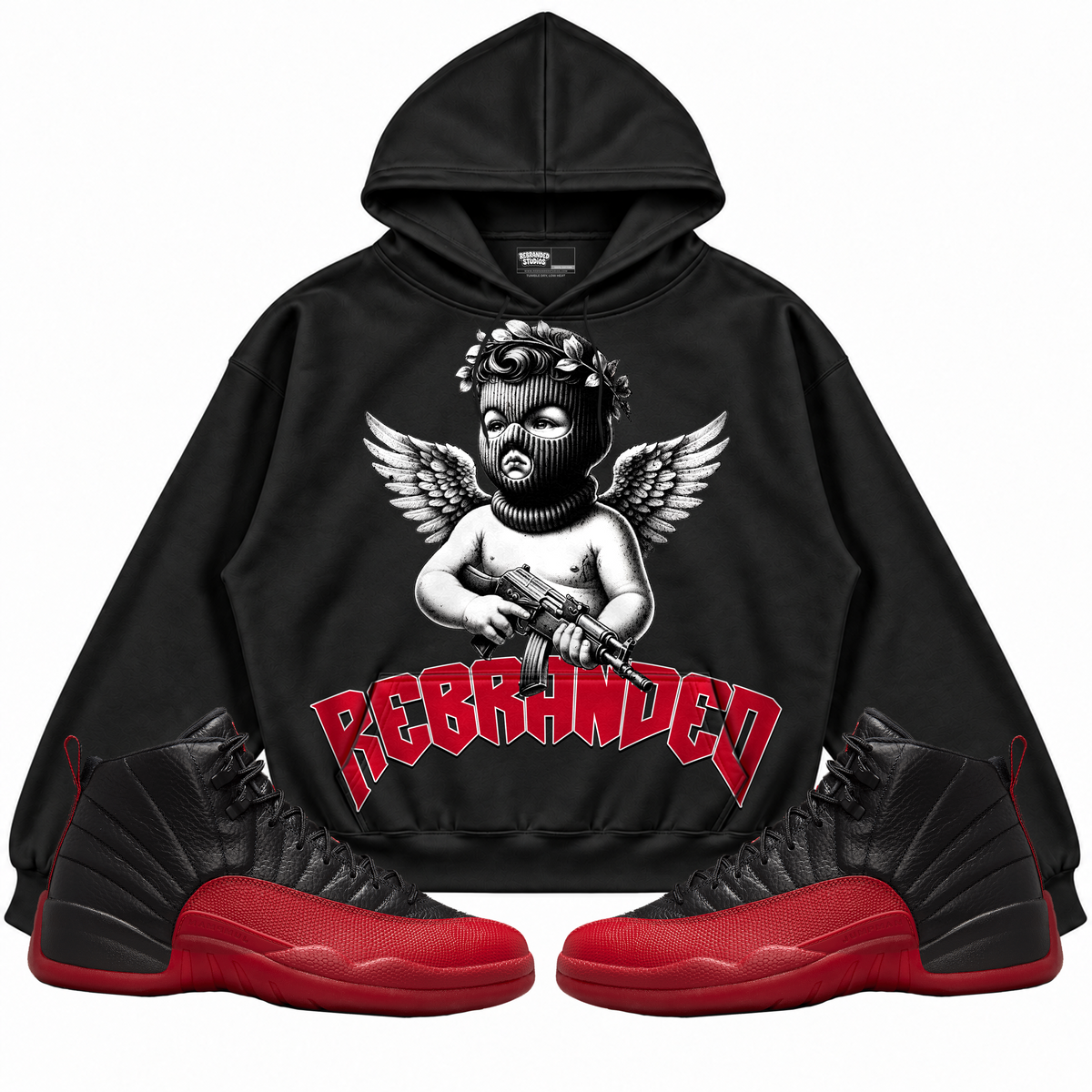 Rebranded Studios apparel — front styled with matching sneakers